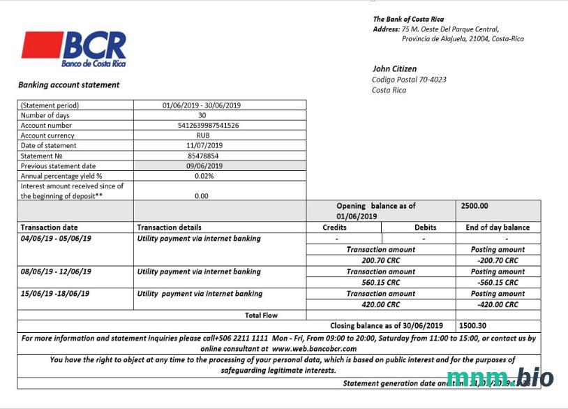 Kostaryka Bank of Costa Rica wyciąg bankowy łatwy do wypełnienia szablon w formacie Excel i PDF